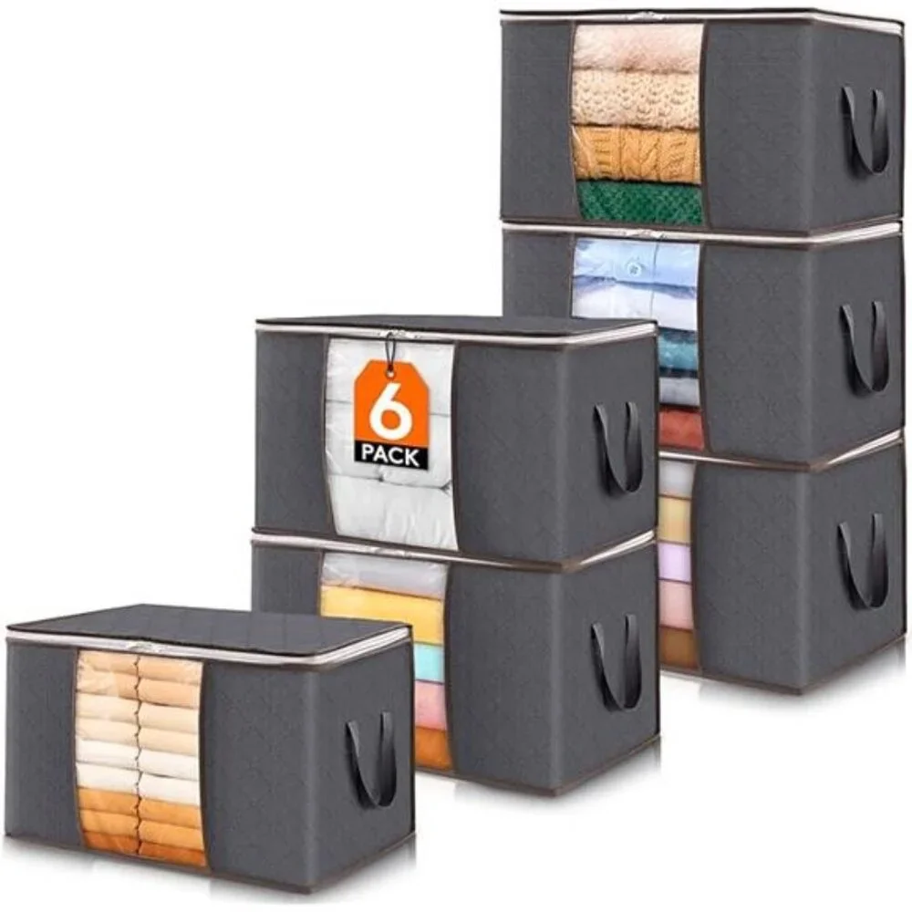 6 Pack Clothes Storage Bins with Lids, Foldable Blanket Storage Bags